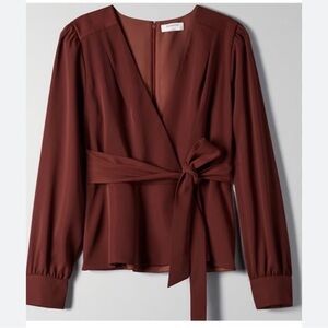 Aritzia Babaton burgundy brown V-neck faux wrap peplum blouse tie-waist Sz M